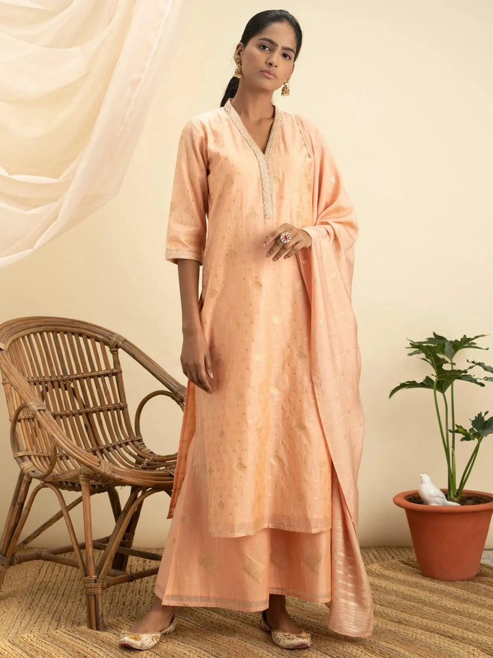 Peach Self Design Chanderi Silk Suit Set - Libas