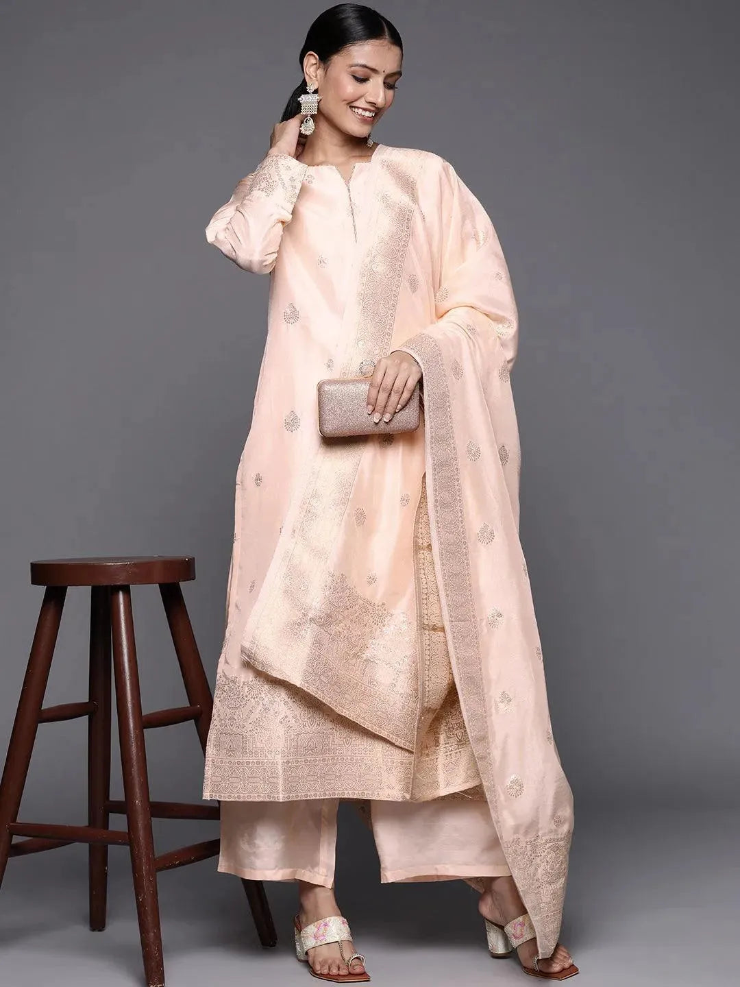 Peach Self Design Chanderi Silk Straight Suit Set - Libas 