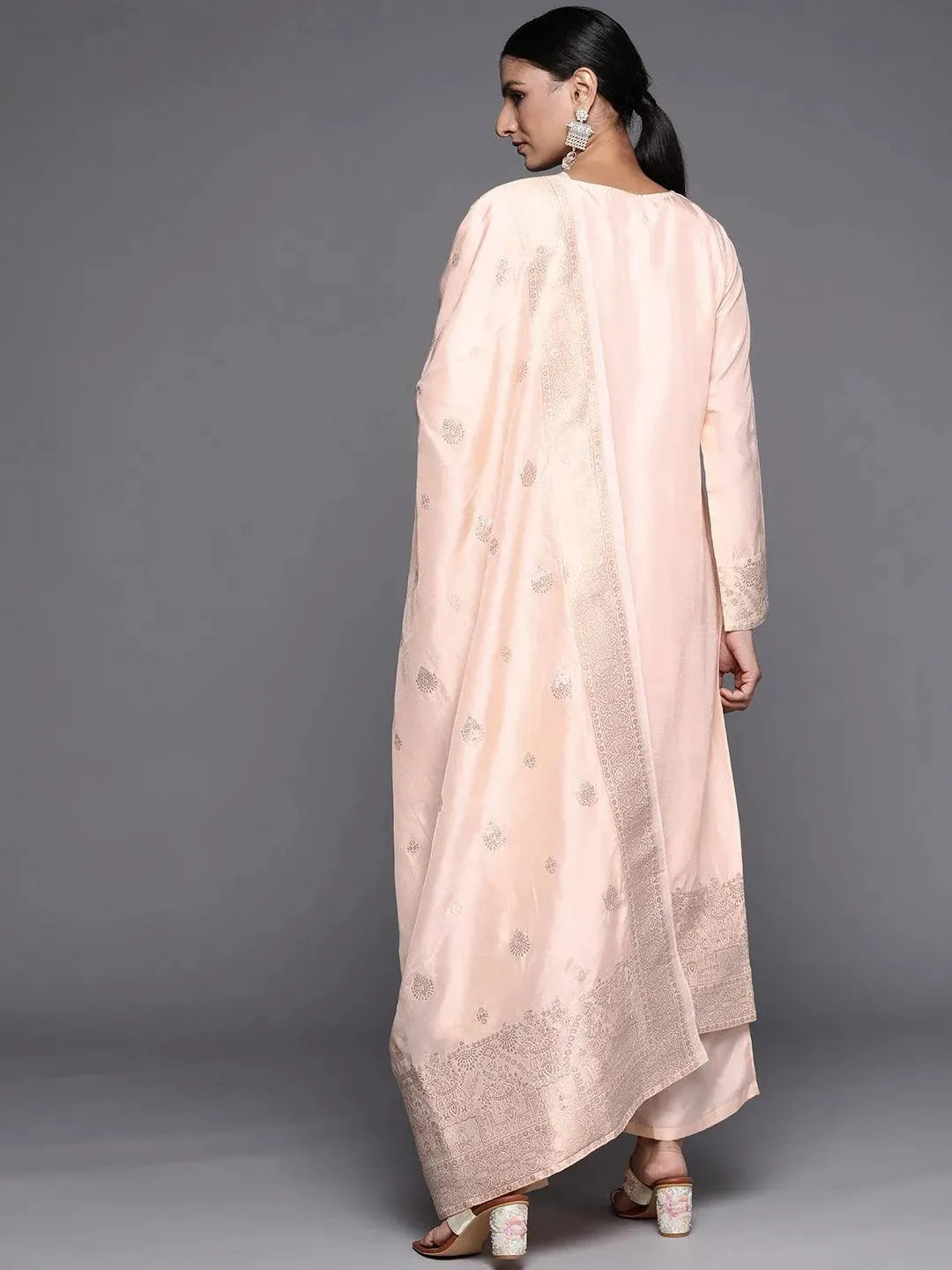 Peach Self Design Chanderi Silk Straight Suit Set - Libas 
