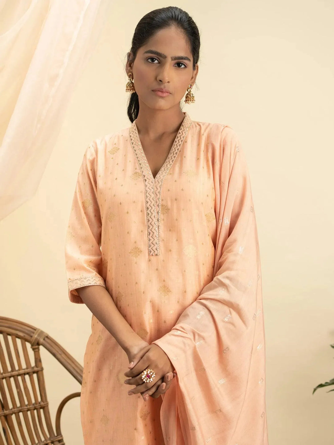 Peach Self Design Chanderi Silk Suit Set - Libas 