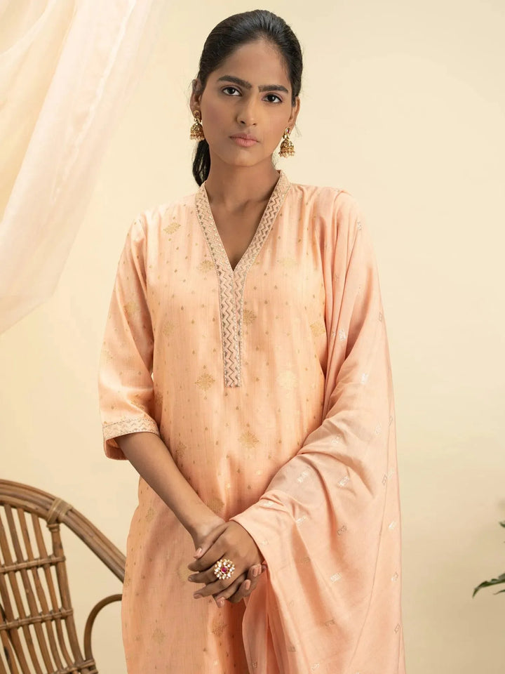 Peach Self Design Chanderi Silk Suit Set - Libas