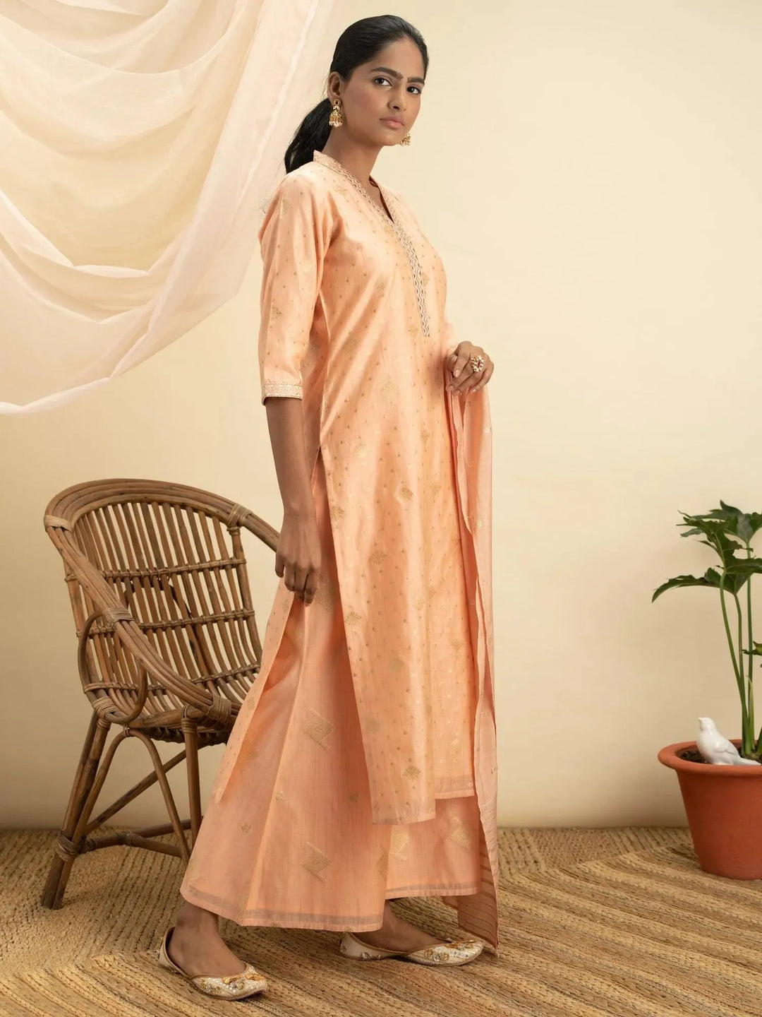 Peach Self Design Chanderi Silk Suit Set - Libas