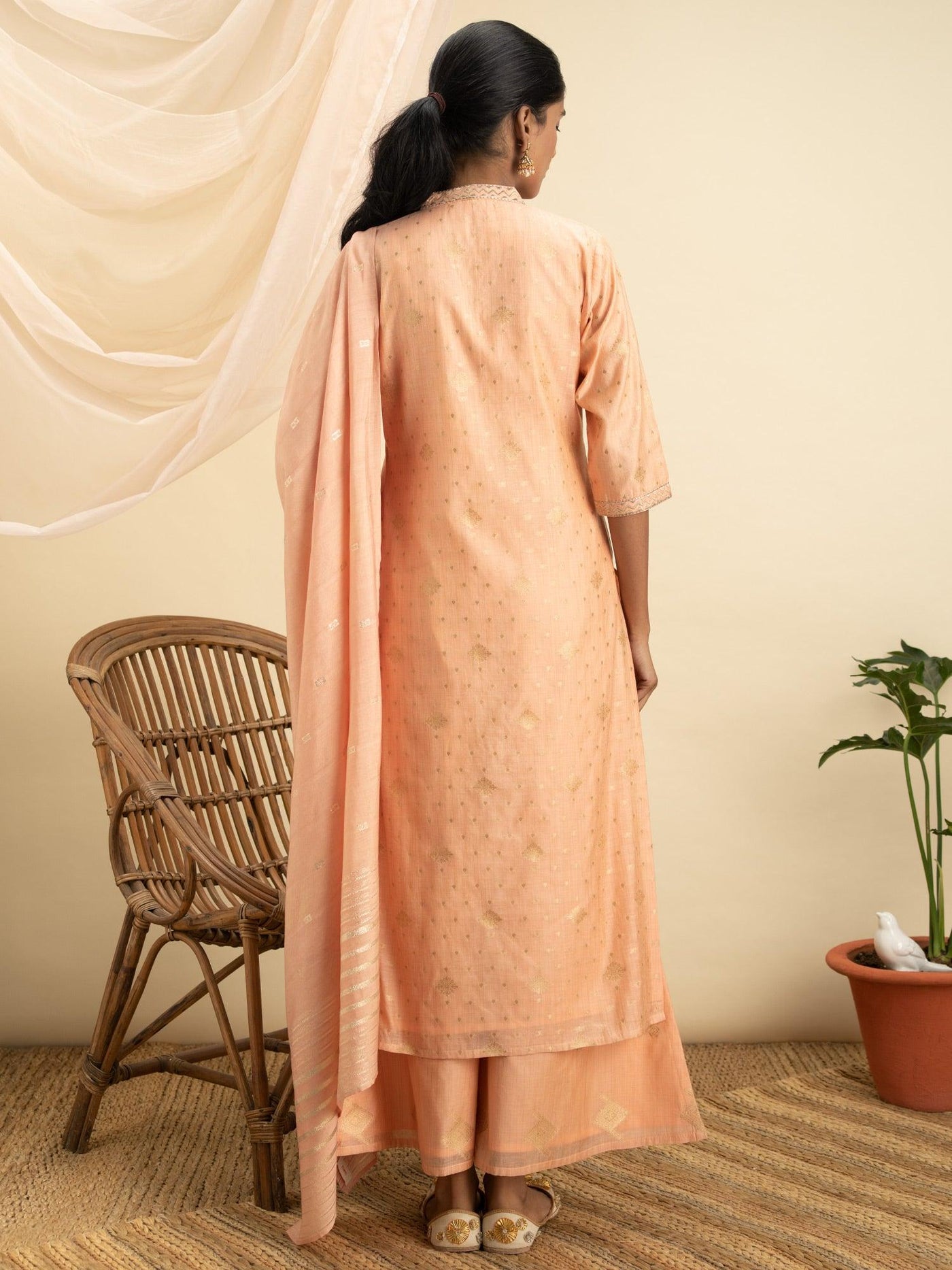 Peach Self Design Chanderi Silk Suit Set - Libas