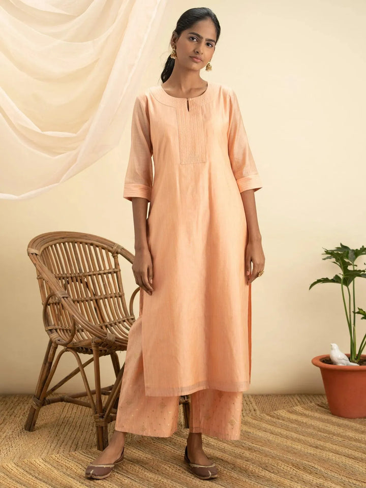 Peach Self Design Chanderi Silk Kurta Set - Libas