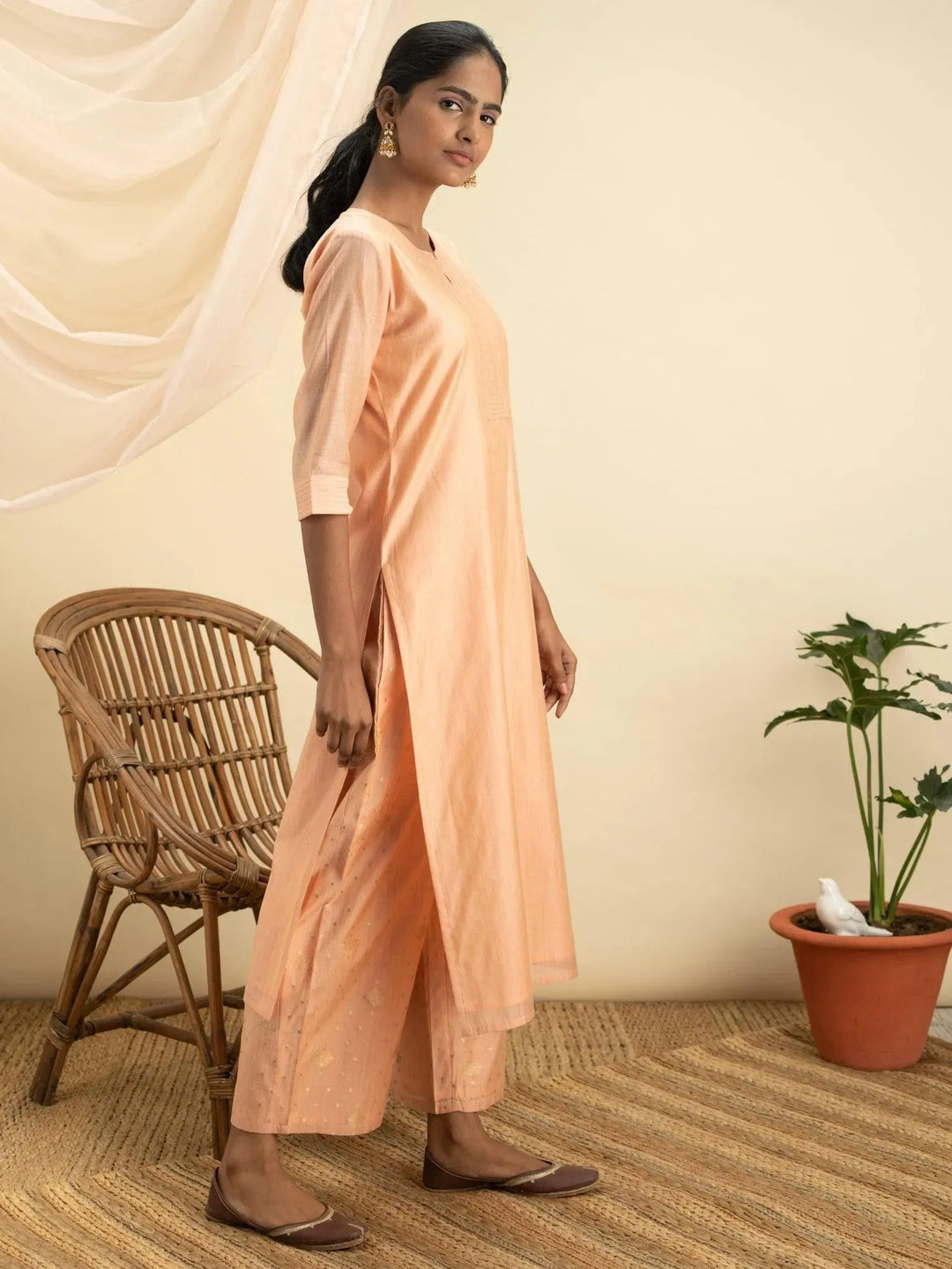 Peach Self Design Chanderi Silk Kurta Set - Libas