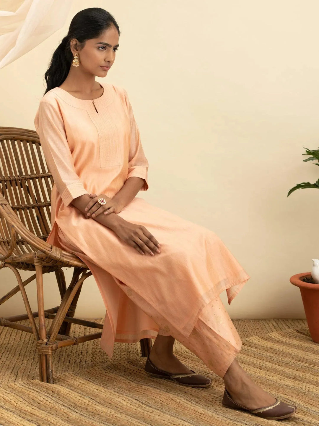 Peach Self Design Chanderi Silk Kurta Set - Libas