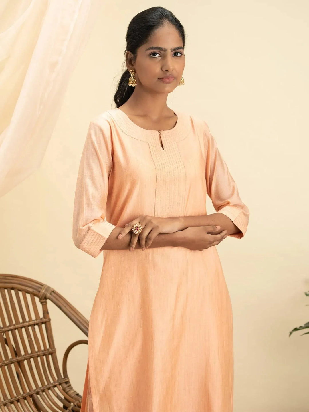 Peach Self Design Chanderi Silk Kurta Set - Libas