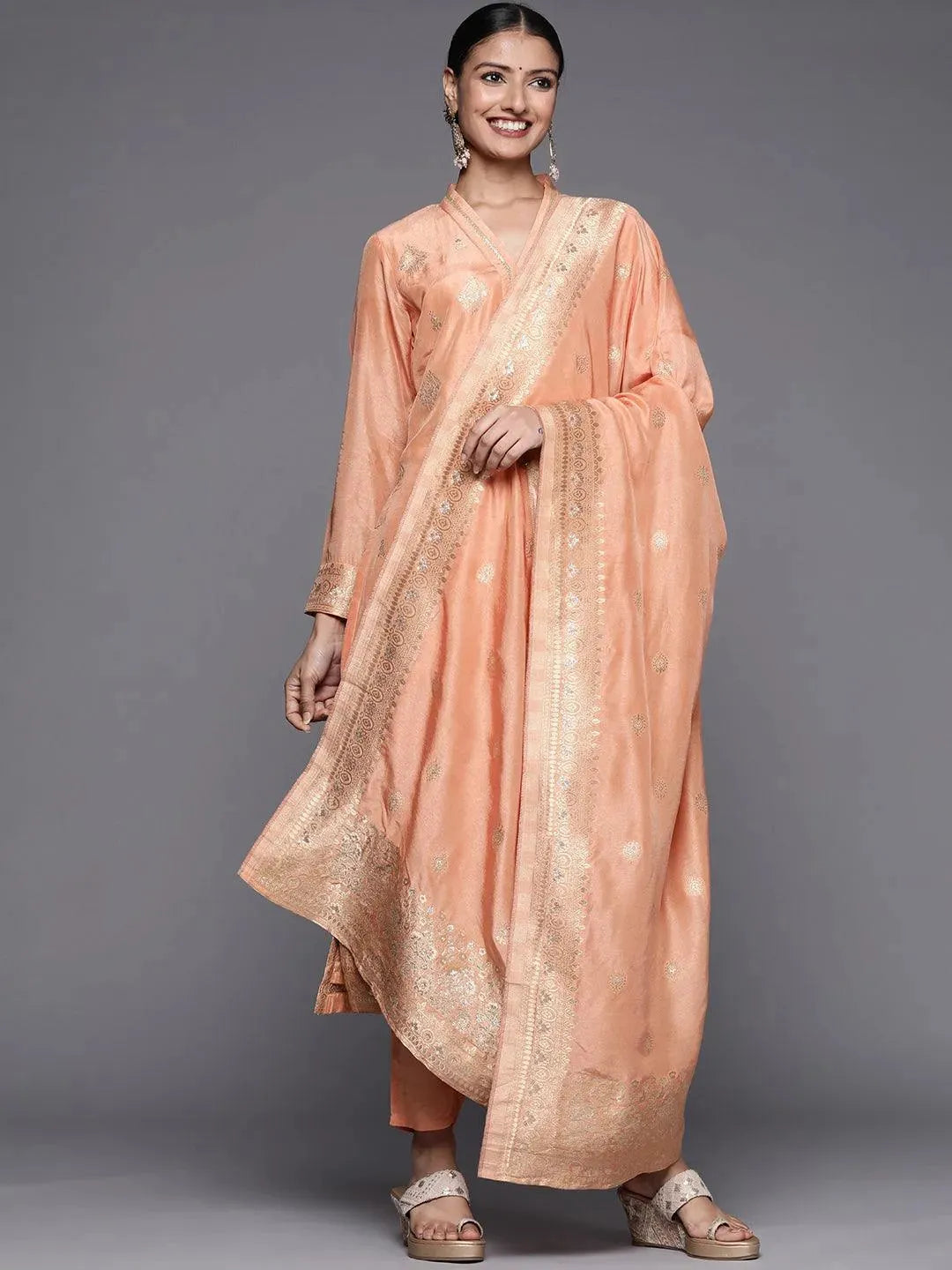 Peach Self Design Chanderi Silk Straight Suit Set - Libas