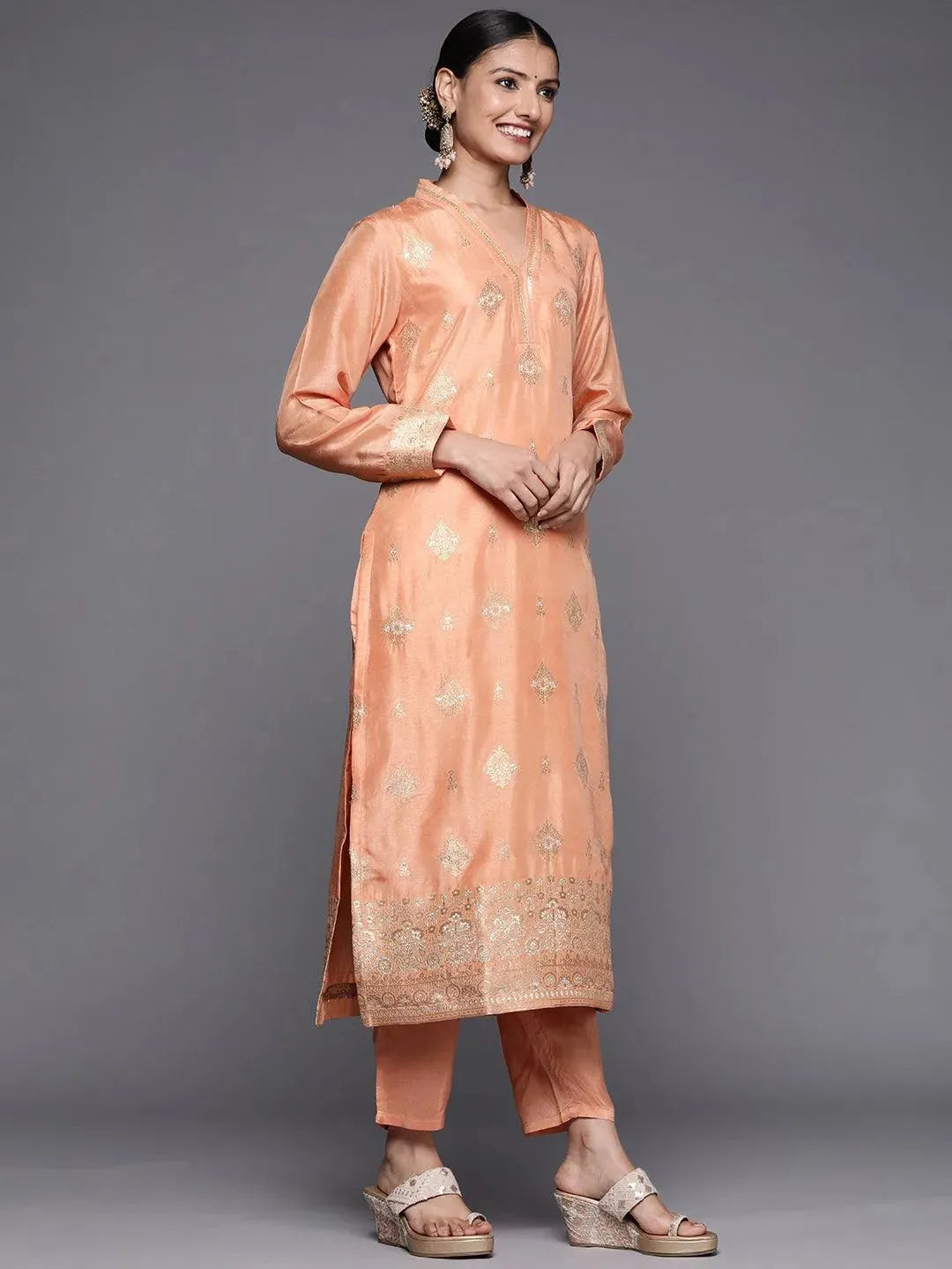 Peach Self Design Chanderi Silk Straight Suit Set - Libas 