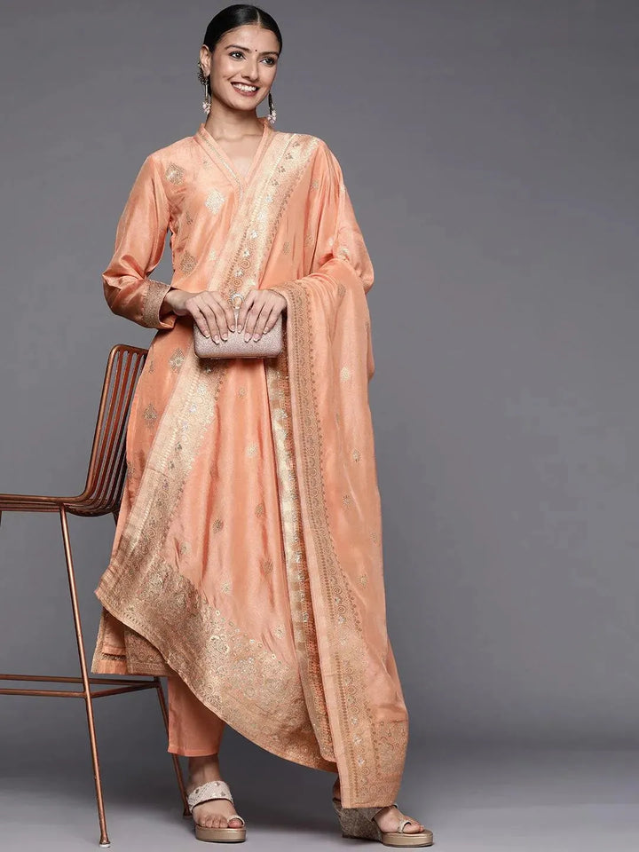 Peach Self Design Chanderi Silk Straight Suit Set - Libas