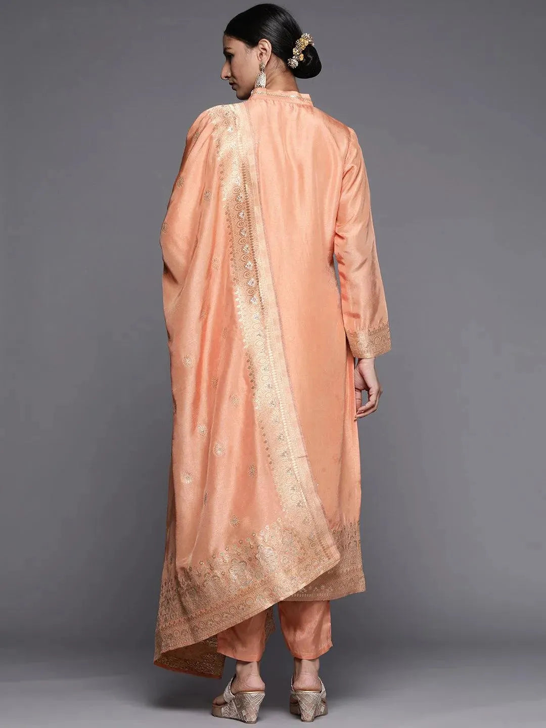 Peach Self Design Chanderi Silk Straight Suit Set - Libas 