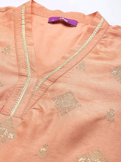 Peach Self Design Chanderi Silk Straight Suit Set - Libas