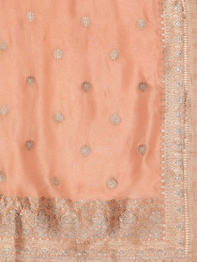 Peach Self Design Chanderi Silk Straight Suit Set - Libas