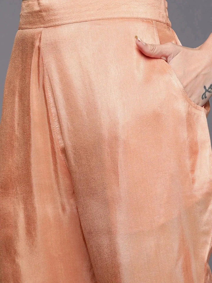Peach Self Design Chanderi Silk Straight Suit Set - Libas