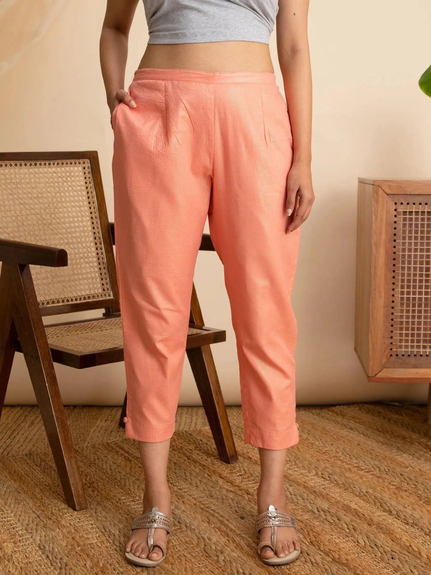 Peach Self Design Cotton Trousers