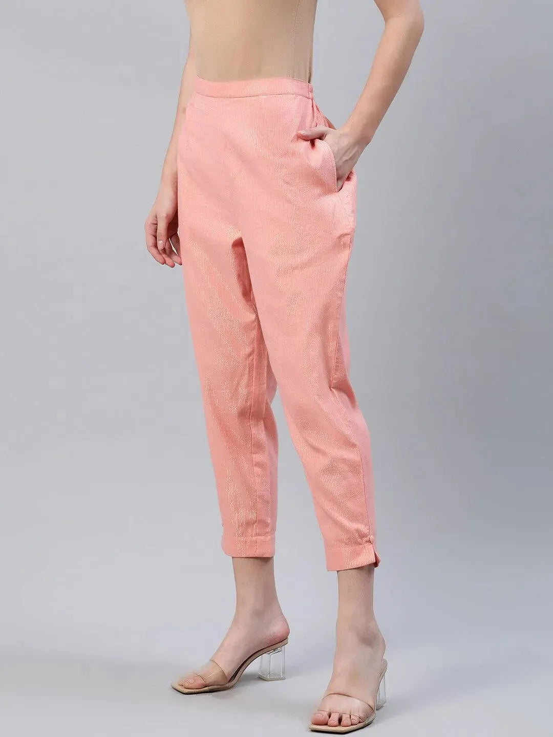 Peach Self Design Cotton Trousers - Libas