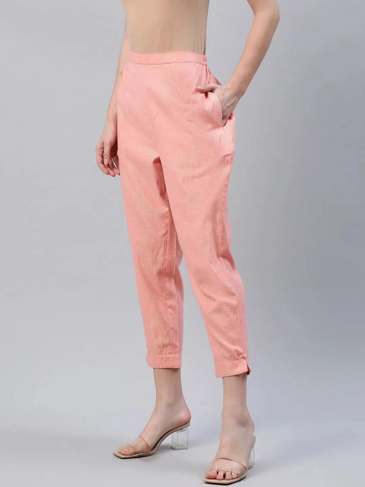 Peach Self Design Cotton Trousers - Libas