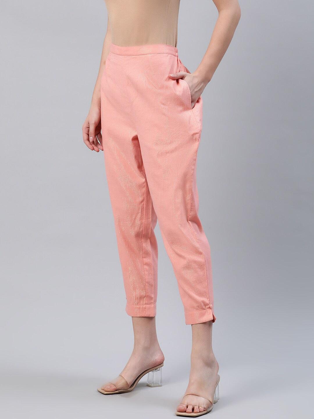 Peach Self Design Cotton Trousers - Libas