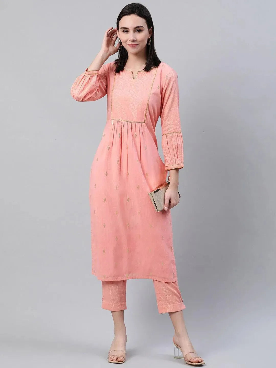 Peach Self Design Cotton Trousers - Libas