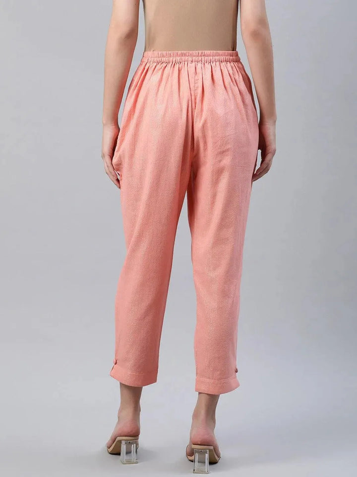 Peach Self Design Cotton Trousers - Libas