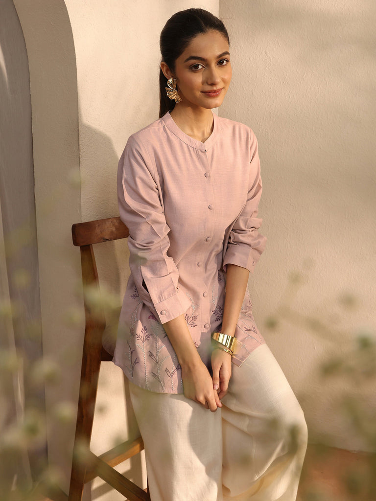 Libas Peach Self Design Linen Shirt