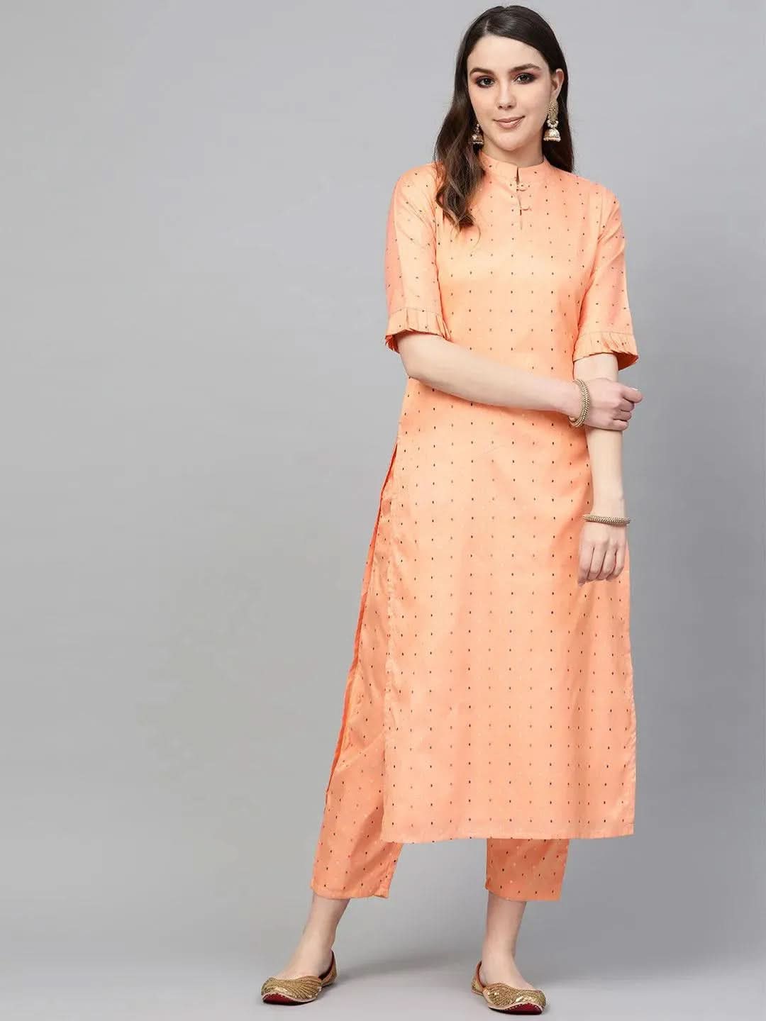 Peach Self Design Polyester Straight Kurta With Trousers-image-5