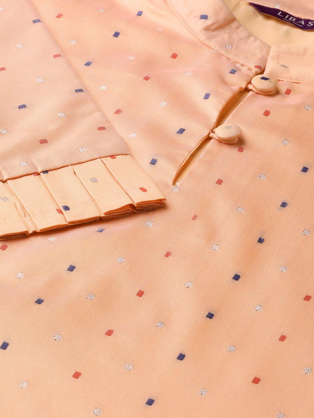 Peach Self Design Polyester Kurta Set - Libas
