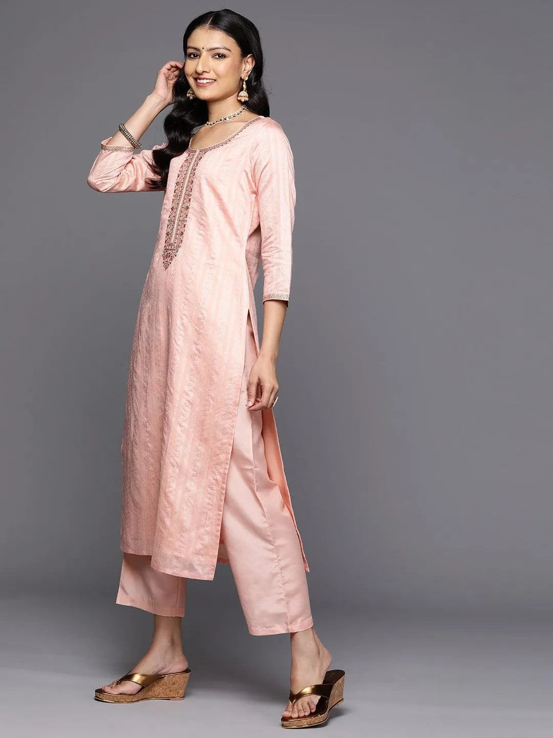 Peach Self Design Rayon Straight Kurta With Trousers & Dupatta - Libas 