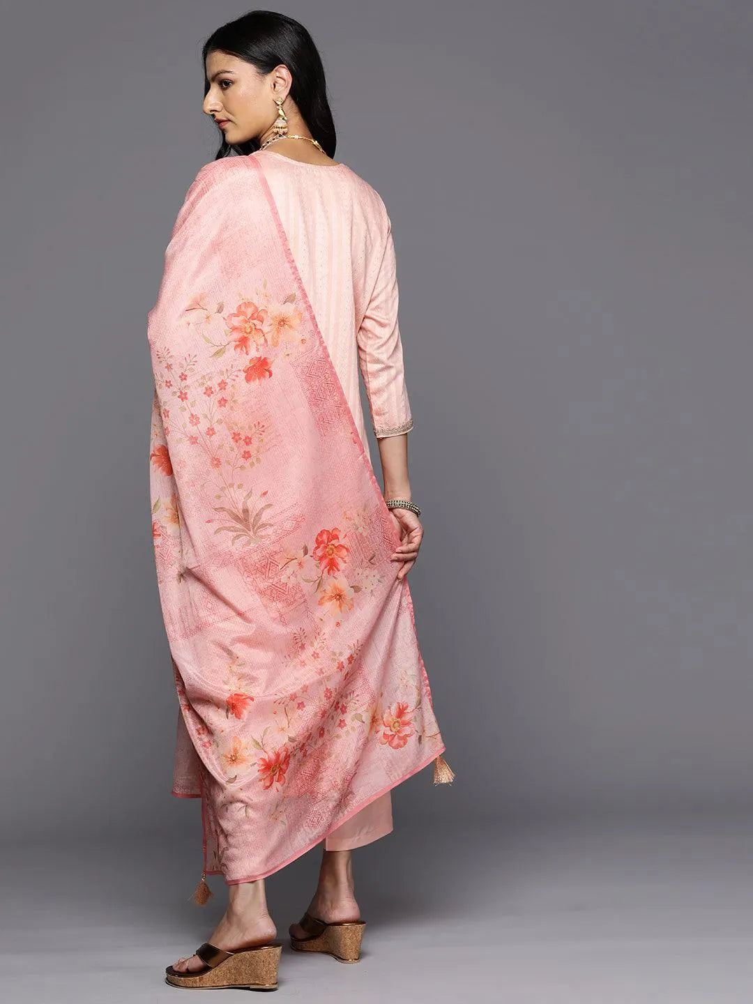 Peach Self Design Rayon Straight Kurta With Trousers & Dupatta - Libas 