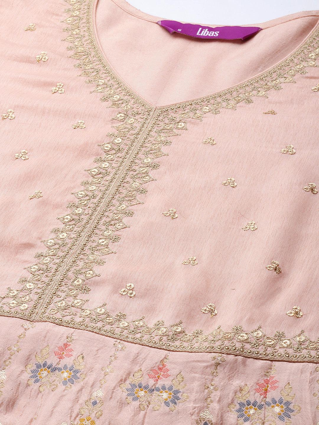 Peach Self Design Silk Anarkali Suit Set - Libas