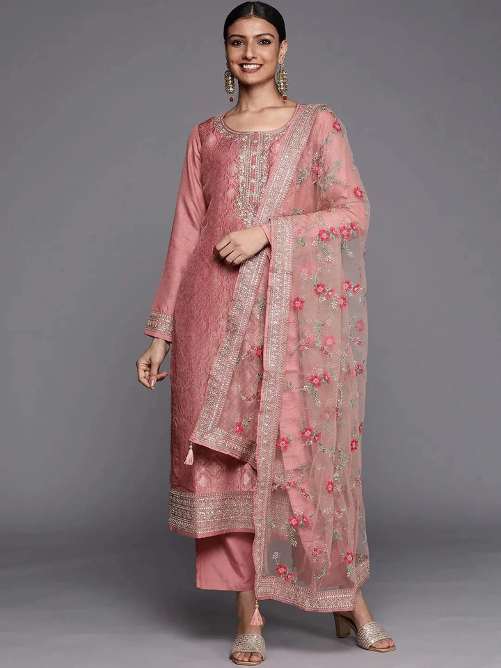 Peach Self Design Silk Blend Straight Suit Set - Libas