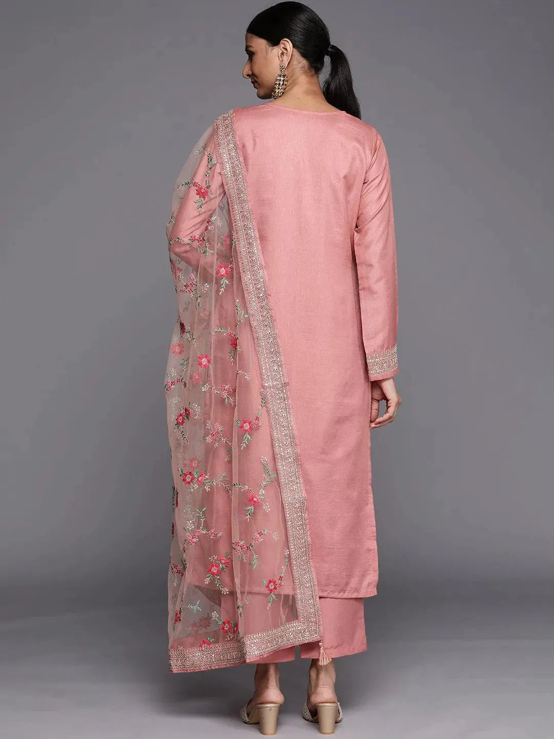 Peach Self Design Silk Blend Straight Suit Set - Libas 