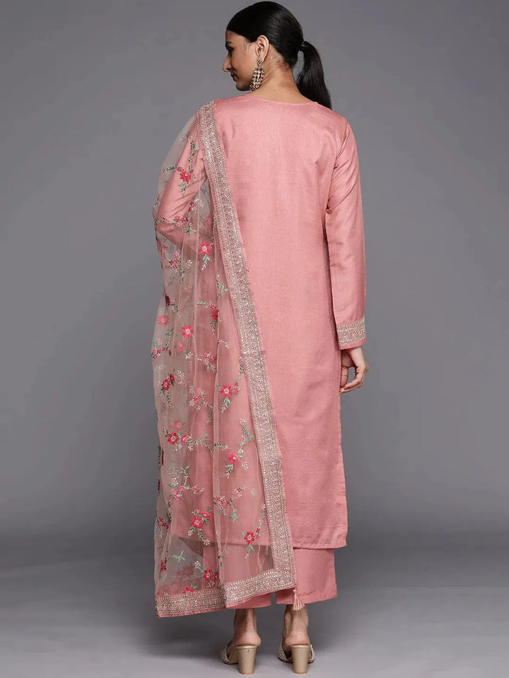 Peach Self Design Silk Blend Straight Suit Set - Libas