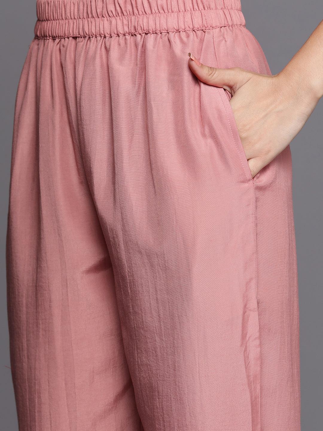 Peach Self Design Silk Blend Straight Suit Set - Libas