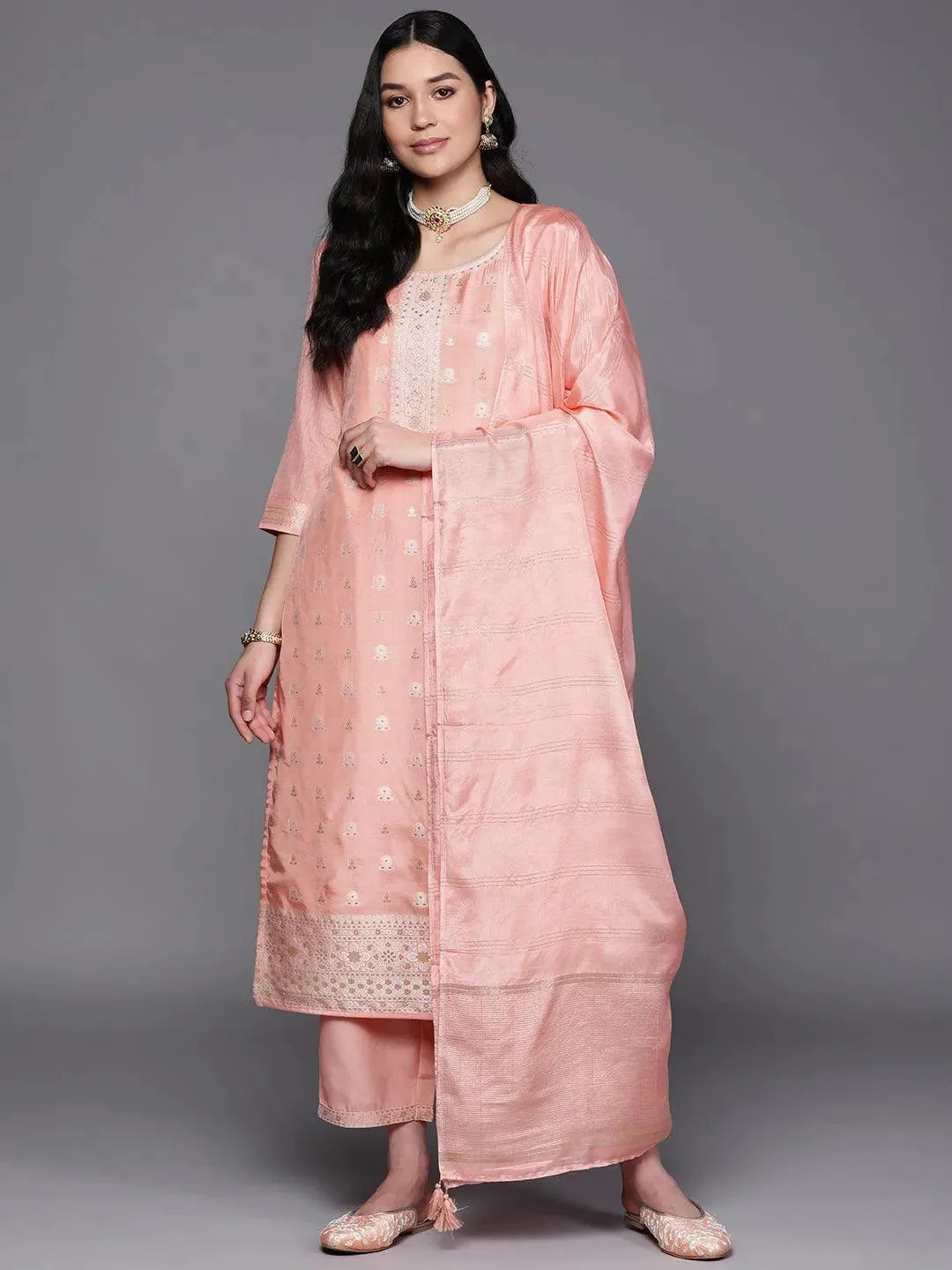 Peach Self Design Silk Blend Suit Set With Trousers - Libas 