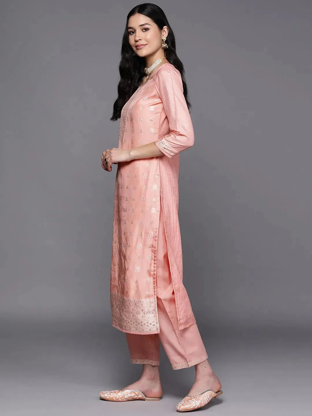Peach Self Design Silk Blend Suit Set With Trousers - Libas 