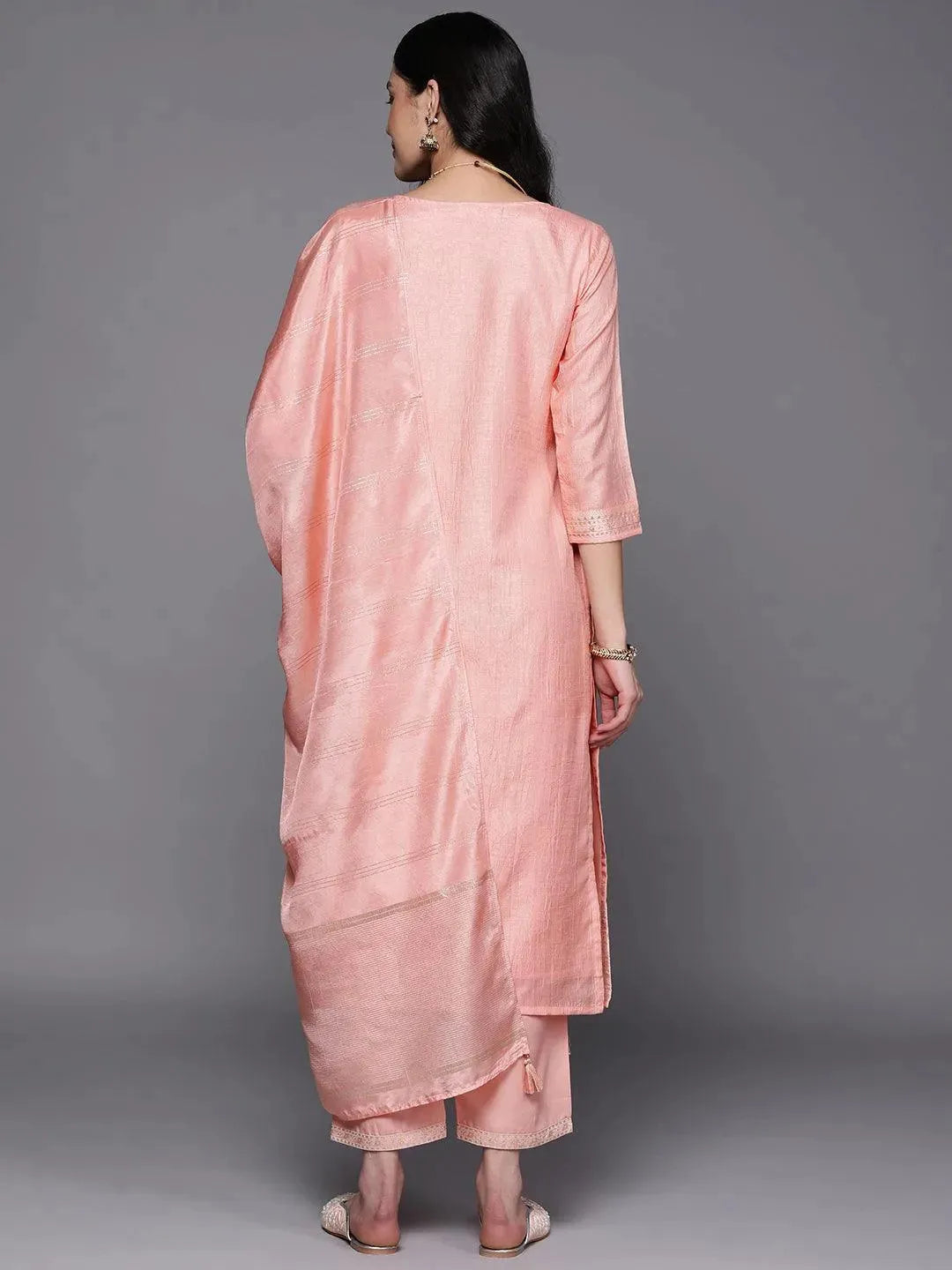 Peach Self Design Silk Blend Suit Set With Trousers - Libas 