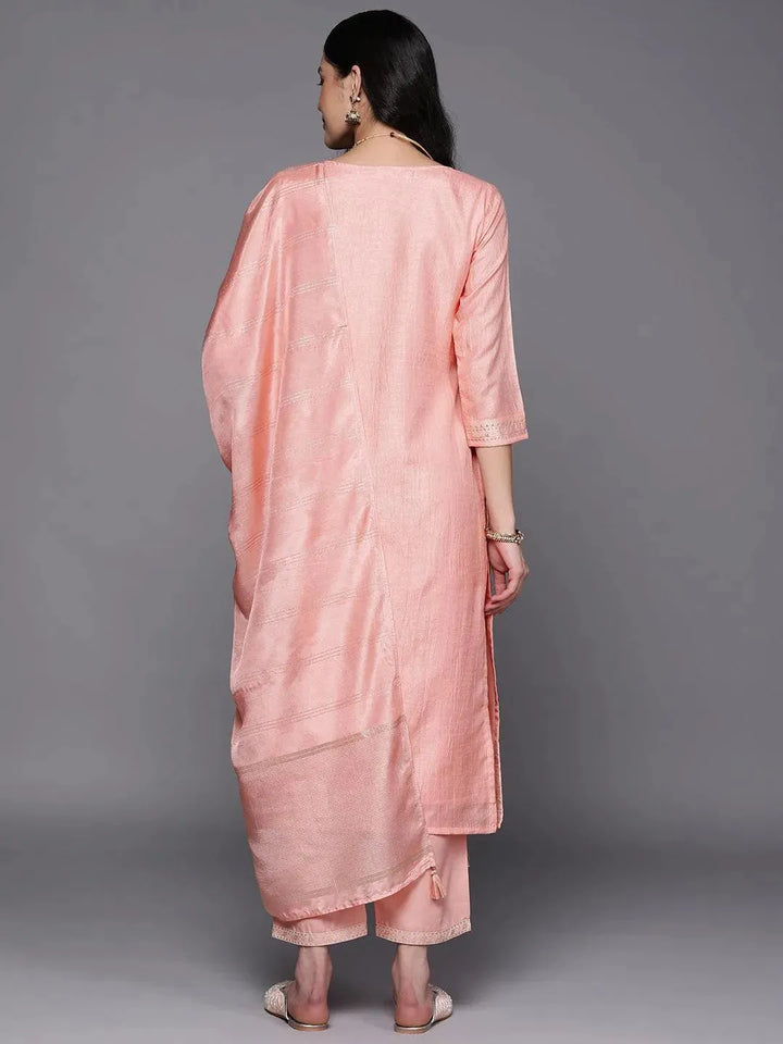 Peach Self Design Silk Blend Suit Set With Trousers - Libas