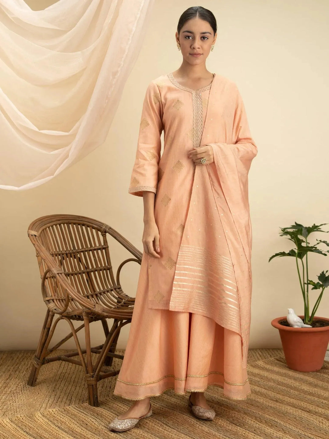 Peach Self Design Silk Suit Set - Libas