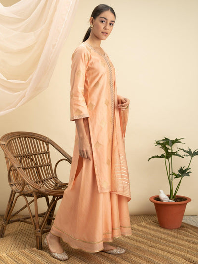 Peach Self Design Silk Suit Set - Libas