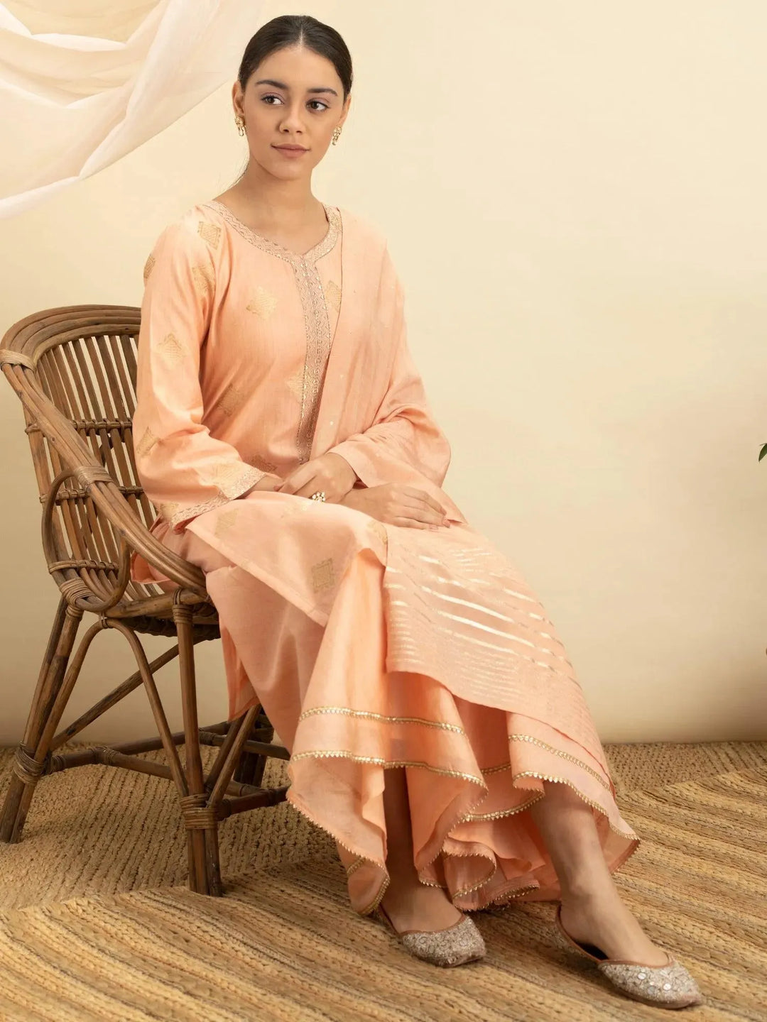 Peach Self Design Silk Suit Set - Libas 