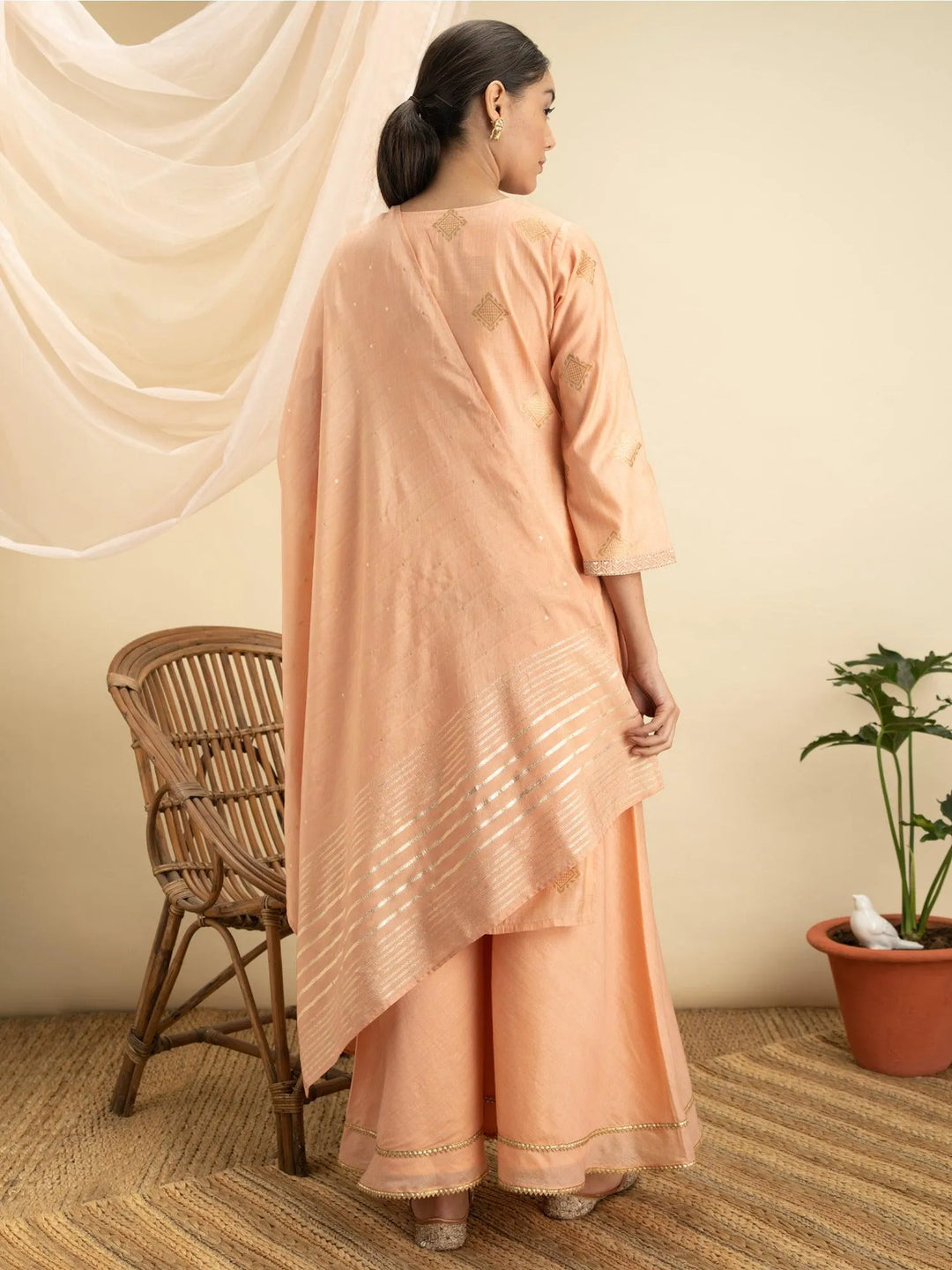 Peach Self Design Silk Suit Set - Libas 