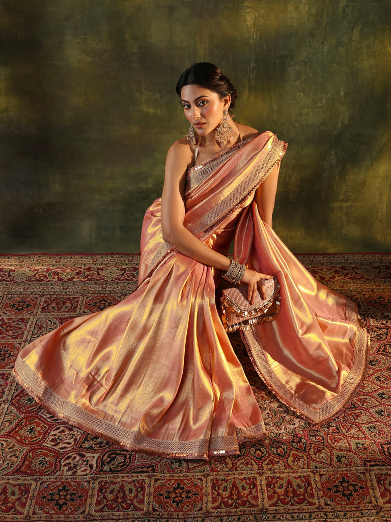 Libas Peach Silk Blend Saree With Unstitched Blouse Piece