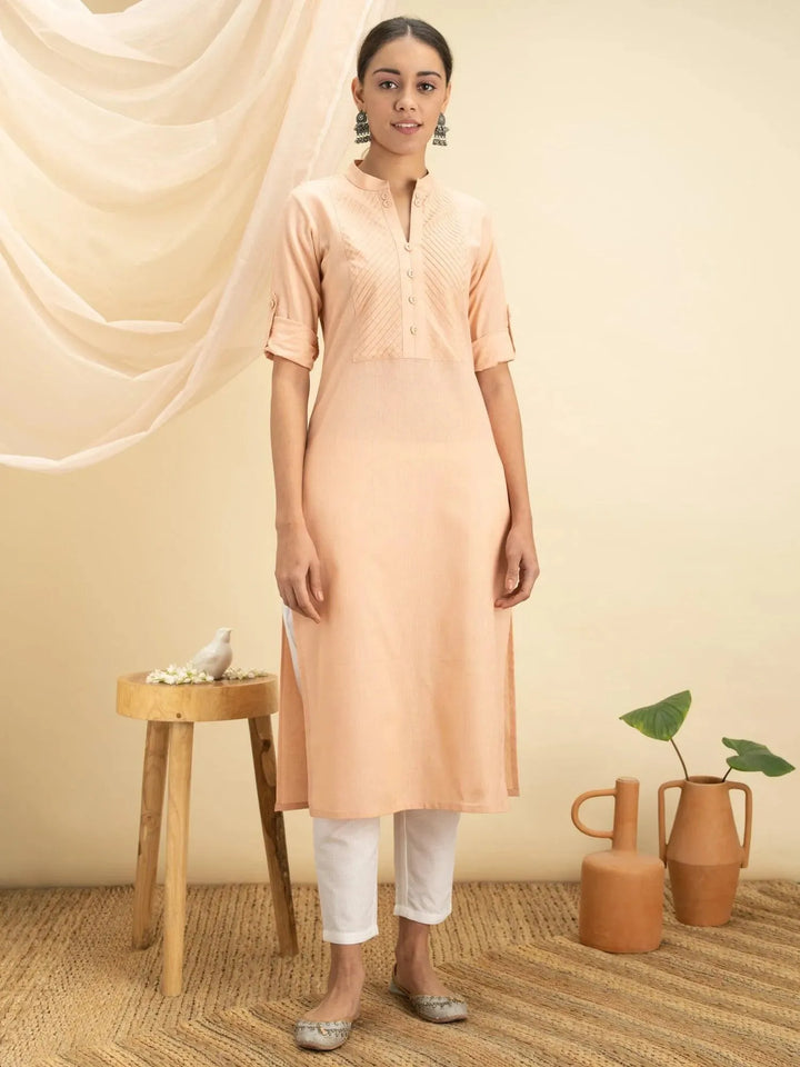 Peach Solid Cotton Kurta - Libas