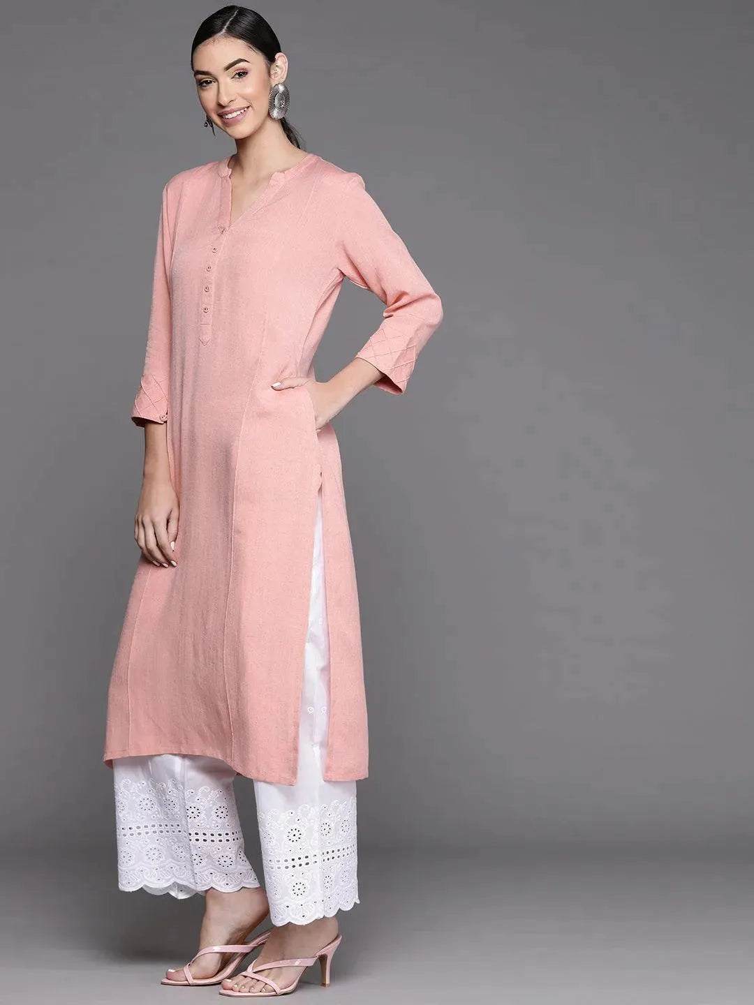 Peach Solid Cotton Kurta - Libas