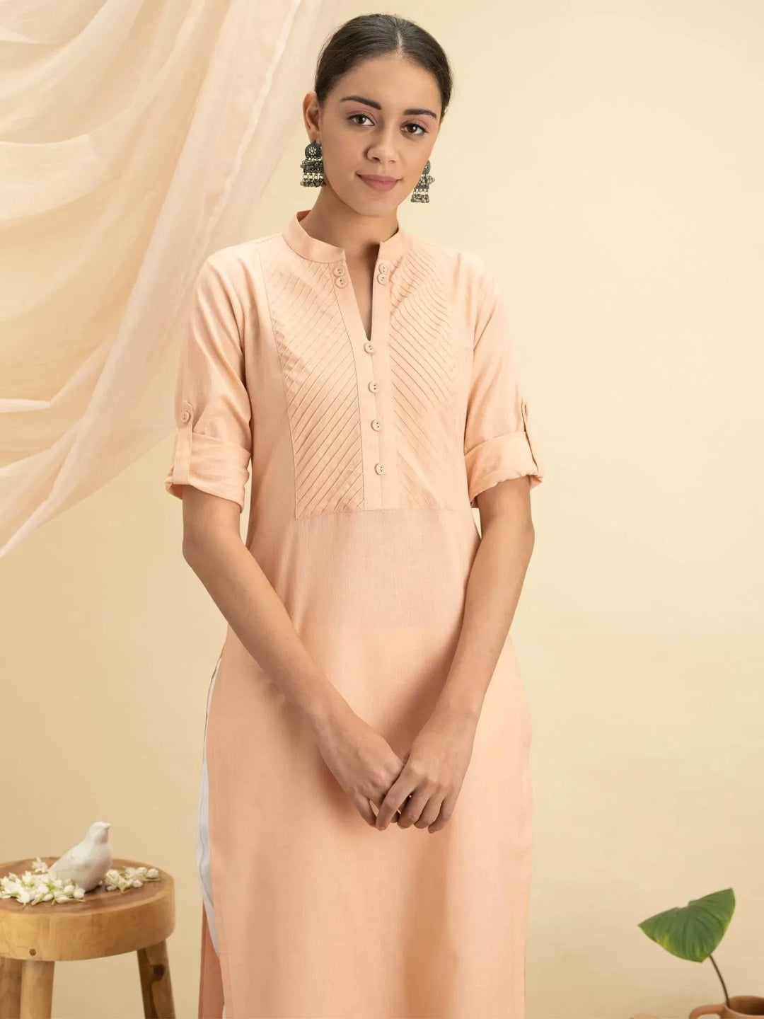 Peach Solid Cotton Kurta - Libas