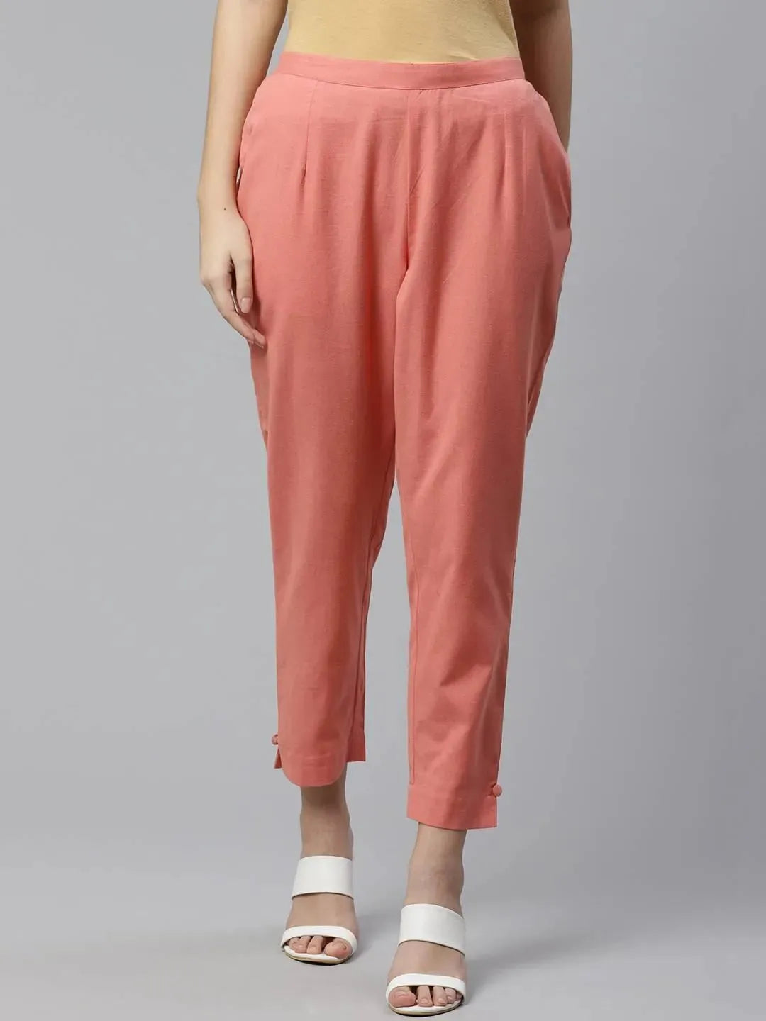 Peach Solid Cotton Trousers - Libas