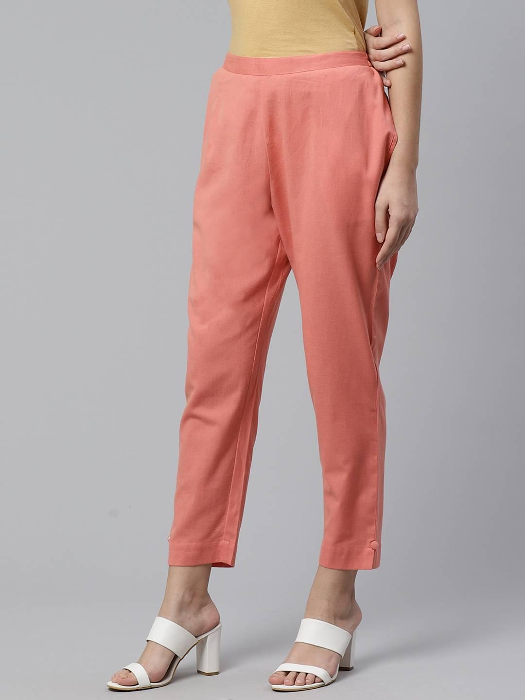 Peach Solid Cotton Trousers
