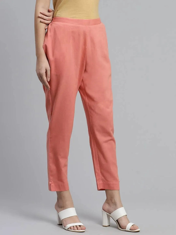 Peach Solid Cotton Trousers - Libas