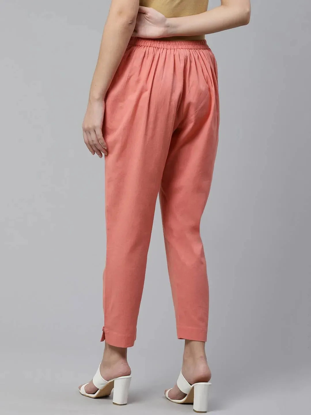 Peach Solid Cotton Trousers - Libas